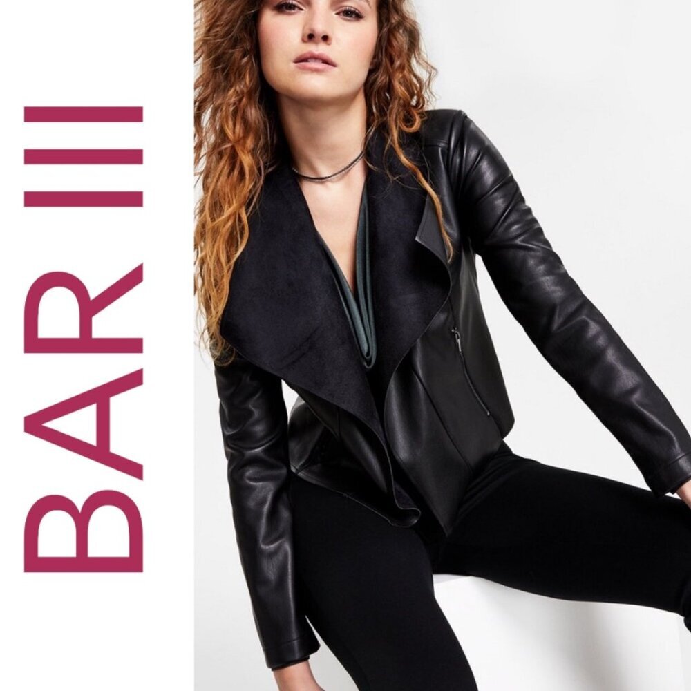 BAR III WOMEN’S BLACK OPEN FRONT VEGAN LEATHER MOTO JACKET DRAPED COLLAR, SIZE S